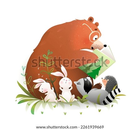 Bear reading a book to animals bunny and raccoon. Cute animals reading tales literature, learning and education illustration for kids. Hand drawn artistic vector clipart illustration for children.