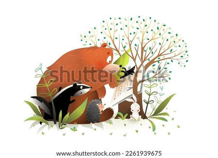Bear reading a story book to animals bunny and badger. Cute animals reading fairy tales, learning and education cartoon for kids. Hand drawn artistic vector clipart illustration for children.