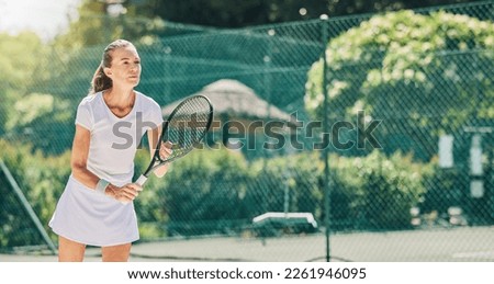 Senior woman, tennis player and ready in sports game for match or hobby on the court. Elderly female in sport fitness holding racket in stance for training or practice in the outdoors on mockup Royalty-Free Stock Photo #2261946095