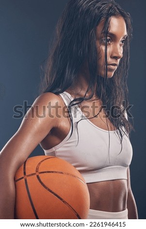 Basketball player, sports workout and studio woman for wellness challenge, practice game or fitness competition. Performance training, health exercise and athlete model isolated on dark background