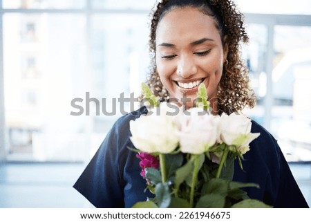 Woman, face and happy for valentines day flowers, love and care as gift for kindness, birthday or romance. Doctor person with rose flower bouquet and mockup space with gratitude, happiness and hope