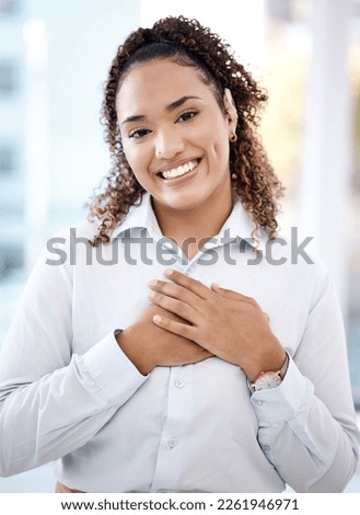 Happy, black woman and business portrait with hands on chest for care, kindness and love for charity. Face of person with smile and emoji for heart, thank you and gratitude or trust and hope mockup Royalty-Free Stock Photo #2261946971