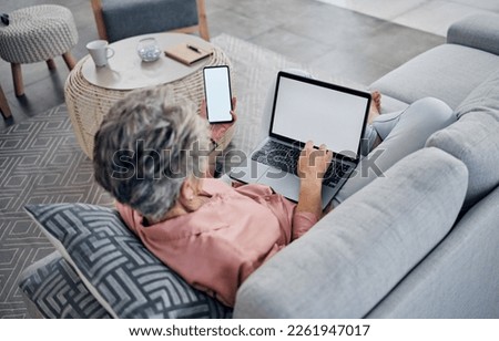Woman, phone and laptop with mockup media on sofa, screen and living room connection for social networking. Female, home and mock up technology space for digital download, online contact and search