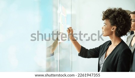 Business woman, writing and team planning for schedule, strategy or brainstorming sticky notes on mockup. Female in write, post it or teamwork collaboration for corporate growth, idea plan or tasks Royalty-Free Stock Photo #2261947355