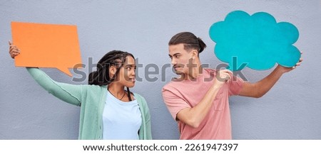 Couple, thinking or speech bubble on isolated background of voice mockup, social media or vote mock up. People, man or black woman on paper poster, marketing billboard or competition feedback review