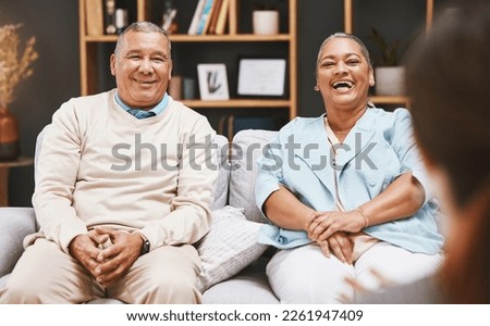 Marriage, happy or old couple in counseling with a psychologist for mental health advice or support. Consulting, retirement or senior man laughing with an elderly woman talking to a funny therapist