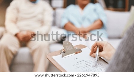 Survey, old couple or doctor with a checklist for health insurance information on a medical questionnaire. Communication, man or elderly woman listening to nurse about a life plan or policy data Royalty-Free Stock Photo #2261947895