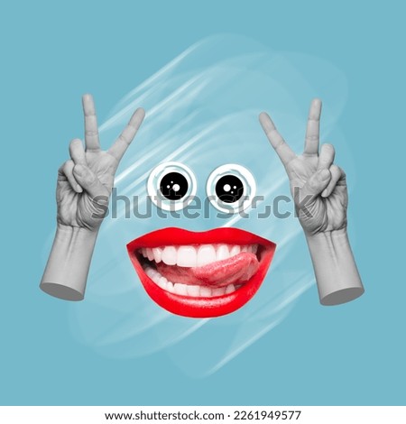 Cartoon face with eyes, woman mouth with red lips showing tongue, female hands showing peace gesture on blue color background. 3d trendy collage in magazine style. 3d contemporary art. Modern design