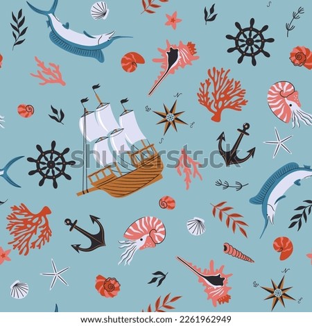 Seamless pattern with marine items, marine animals, ships. Vector graphics.