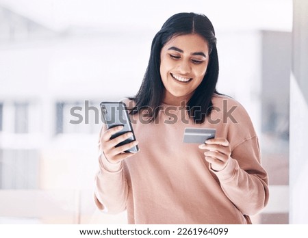 Customer, phone or credit card for online shopping, e commerce or home internet banking on fintech app. Smile, happy or ecommerce woman on mobile technology for house retail or website mockup payment Royalty-Free Stock Photo #2261964099