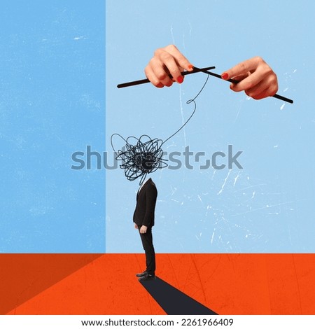 Chaos and control. Contemporary art collage with man in official clothes with tangled head being controlled by female hands. Concept of business, psychology, brainstorming, mental health Royalty-Free Stock Photo #2261966409