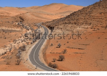 Blooming almond trees and winding mountain road in Anti-Atlas mountains near Tafraout, Morocco. Spring time in Morocco. Royalty-Free Stock Photo #2261968833