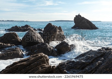 Foamy Sea Waves, Storm on Rocky Beach Texture Background, Blue Ocean Water, Rocky Shore Pattern, Stone Shoreline, Vacation Concept