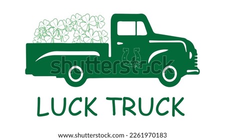 Green vintage pickup. St. Patrick’s day retro truck delivers shamrocks.   Template for banner, poster, flyer, postcard. Vector illustration