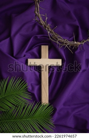 Simple wood cross with crown of thorns and palm leaves on a dark purple fabric background Royalty-Free Stock Photo #2261974657