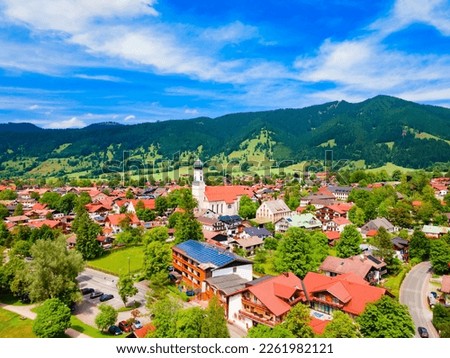 St. Peter and Paul Church aerial panoramic view in Oberammergau. Oberammergau is a town in the district of Garmisch-Partenkirchen in Bavaria, Germany.