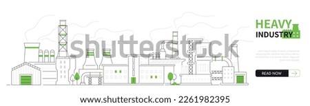 Heavy industry - modern thin line design style vector banner on white urban background. Composition with smoky factories and plants. Pipes, buildings and power generation. Industrial zone idea Royalty-Free Stock Photo #2261982395