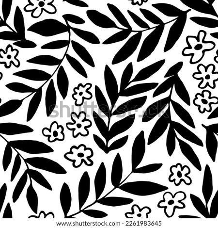 Simple floral black and white vector seamless pattern. Silhouette of flowers, branches and leaves. For fabric prints, textiles, packaging, stationery.