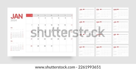 Monthly calendar template for 2024 year. Wall calendar in a minimalist style. Week Starts on Sunday. Planner for 2024 year. Royalty-Free Stock Photo #2261993651