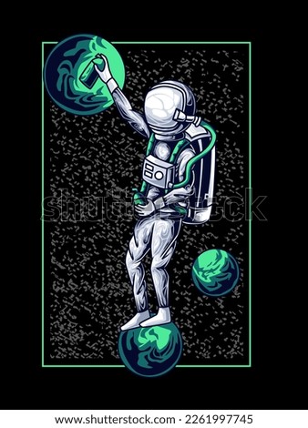 astronaut making art in space using spray paint, modern vector design. suitable for t-shirts, clothing, apparel, merchandise