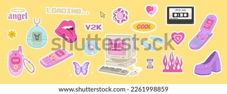 Y2k icons set. Vintage old phone, computer, flame, stickers. 2000s. Vector Royalty-Free Stock Photo #2261998859