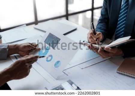 Business team meeting and presentation, business discussion and analysis, data charts and graphs. finance and accounting business idea.