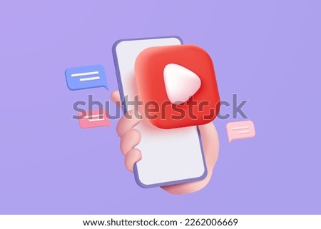 3d social media with live streaming on mobile phone in holding hand. Social media online playing video for make money passive income concept. 3d mobile entertainment vector render illustration Royalty-Free Stock Photo #2262006669