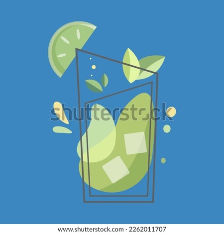 Mojito cocktail with lime isolated on blue background. Glass with splashing refreshing lemonade. Lime slice, mint and ice flat vector illustration for web and mobile design.