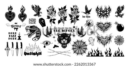 Old school tattoos, y2k, Neo tribal. Skull style butterfly, severed snake head, panther head, round web, swallows, roses, hearts, daggers, fire and more. Classic old school tattoos, Neo tribal, y2k. Royalty-Free Stock Photo #2262013367