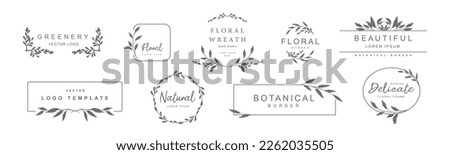 Logo templates with hand drawn silhouettes of branches and leaves. Elegant vector floral frame for labels, corporate identity, wedding invitation save the date
