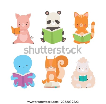 Cute Animals Sitting and Reading Book Enjoying Interesting Story Vector Set