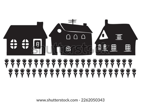Collection of cute house illustration set. Vector set of village buildings in rustic homestead style. 