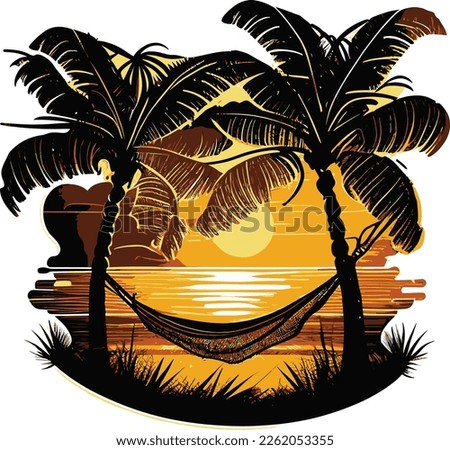 Vector image of hammock tied to palm trees against background of tropical beach.