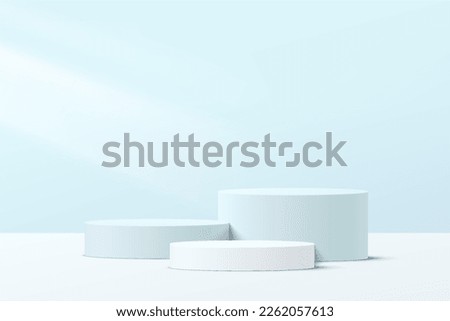 Abstract 3D white and blue steps cylinder pedestal podium with pastel blue minimal wall scene for cosmetic product display presentation. Vector geometric rendering platform design. Vector illustration