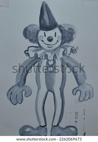 watercolor clown gray monochrome color , Cartoon character ,costume , background and card. Academic drawing 