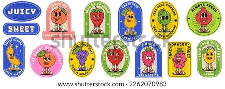 Retro labels with trendy groovy fruits. Modern patches with retro cartoon characters. Healthy food, comical phrases. Nostalgia for vintage aesthetics and 80s-90s-2000s. Monochrome palette. Royalty-Free Stock Photo #2262070983