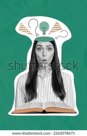 Vertical collage image of impressed black white gamma girl pouted lips head piece text paper question mark light bulb read opened book