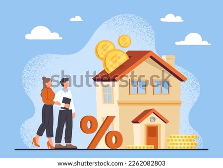 Home mortgage concept. Transactions for sale and purchase of real estate. Building with big red percentages. Family budget and savings. Couple pay credit to bank. Cartoon flat vector illustration Royalty-Free Stock Photo #2262082803