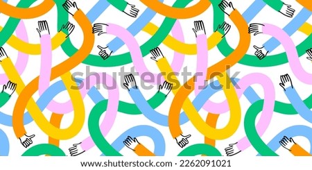 Diverse colorful people hands together seamless pattern illustration. Funny multicolor hand community background print. Friend team, business teamwork or community help texture drawing.