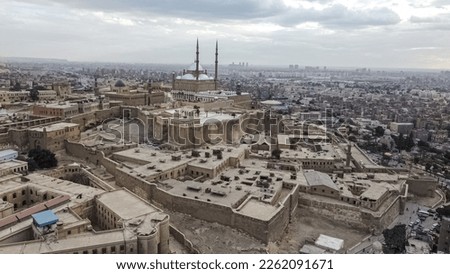 Aerial photos of the Salah El Din Citadel in Cairo, Egypt, offering a breathtaking view of this UNESCO World Heritage site making them a must-have addition to any stock footage library.