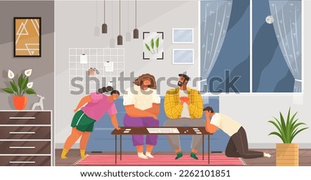 Family spending leisure time together. Mother, father, daughter and son playing board game at living room. Stay at home with children. Parenting and daycare. Happy smiling family members at cozy home