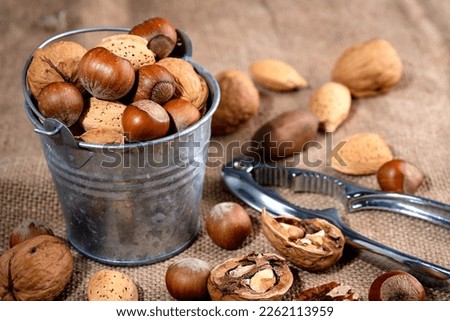 nuts in a bucket and a steel nut cracker on burlap. Close-up, selective focus.
