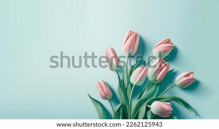 Flowers creative composition. Mother woman day. Bouquet of pink tulips flower on pastel pink background. mock up. top view, copy space. top. flat lay	
