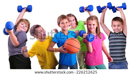 Team of sportive children friends with dumbbells and ball isolated over white . Childhood, happiness, active sports lifestyle concept