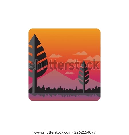 Landscape mountain and lake leaf trees in the evening coloring vector illustration design.