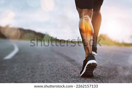 Runner legs, outdoor street space and mockup with x ray, joint pain and exercise in nature for wellness. Man, running and road with sneakers, running shoes and training in summer sunshine for health Royalty-Free Stock Photo #2262157133