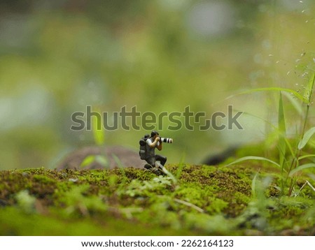 Miniature photographer at green land. Blurred view of grass at land. Background is blurred and bokeh.