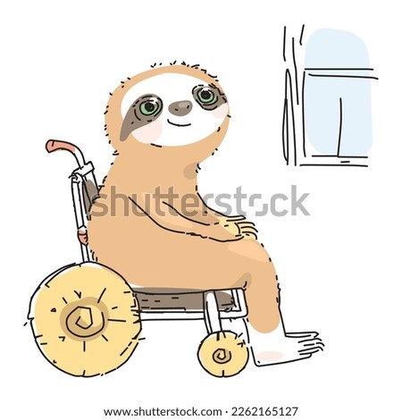 Sloth sits on a wheelchair. The disabled animal smiles and looks out the window. Optimistic lifestyle. Rehabilitation concept. Cute happy pet with physical disability or impairment. Positive Disabled