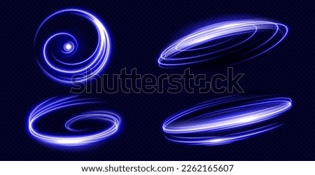 Blue light speed motion magic swirl. Glow trail neon effect for spell in fantasy game. Spiral png circular swoosh blur element. Isolated abstract energy trace shine asset.
