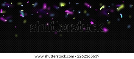 Colorful confetti flying in air on transparent background. Vector realistic illistration of neon color paper particles falling down. Birthday surprise party, holiday celebration, festival decoration Royalty-Free Stock Photo #2262165639